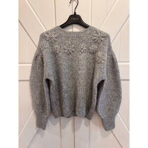 NWT Free Assembly Heather Gray Embroidered Flower Balloon Sleeve Sweater Size M